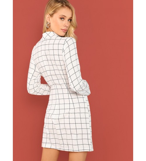 Shawl Collar Surplice Wrap Grid Dress