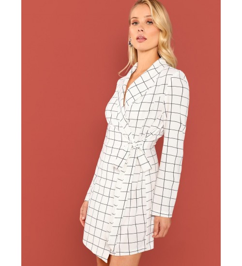 Shawl Collar Surplice Wrap Grid Dress