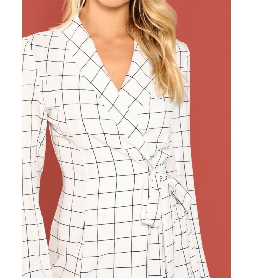 Shawl Collar Surplice Wrap Grid Dress