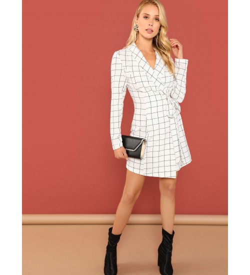 Shawl Collar Surplice Wrap Grid Dress