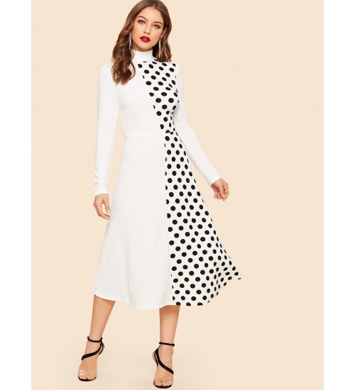 Cut-and-sew Polka Dot Mock-neck Dress