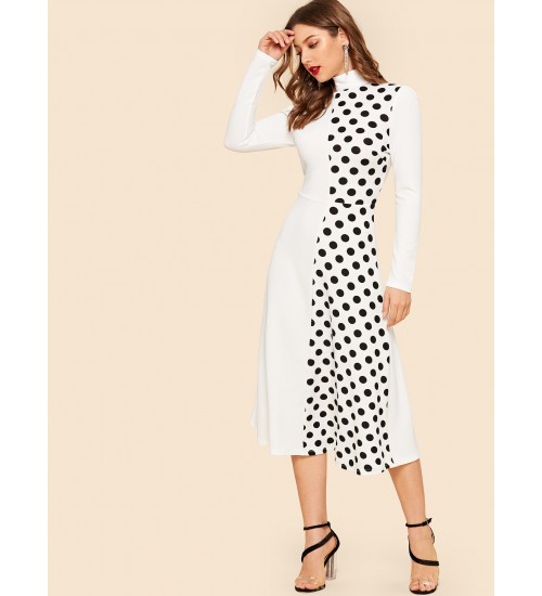 Cut-and-sew Polka Dot Mock-neck Dress