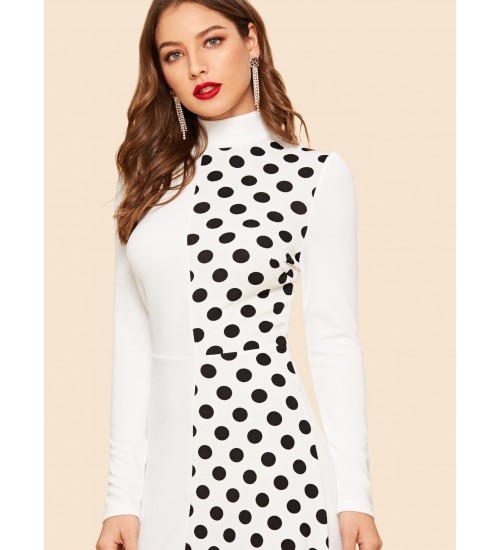 Cut-and-sew Polka Dot Mock-neck Dress