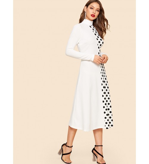 Cut-and-sew Polka Dot Mock-neck Dress