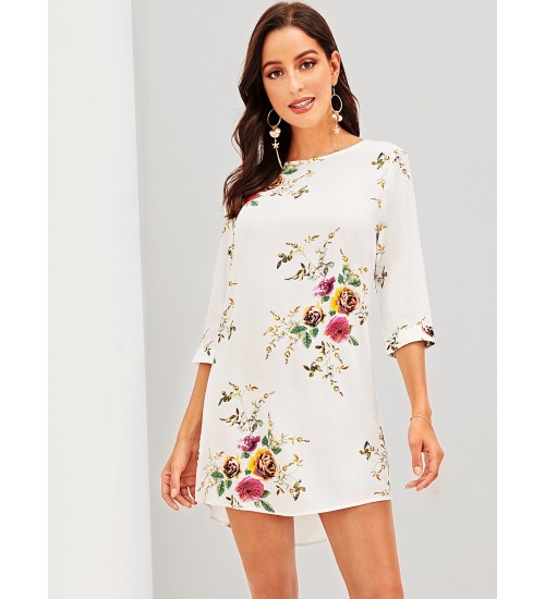 Slit Cuff Floral Tunic Dress