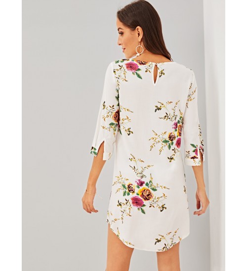 Slit Cuff Floral Tunic Dress