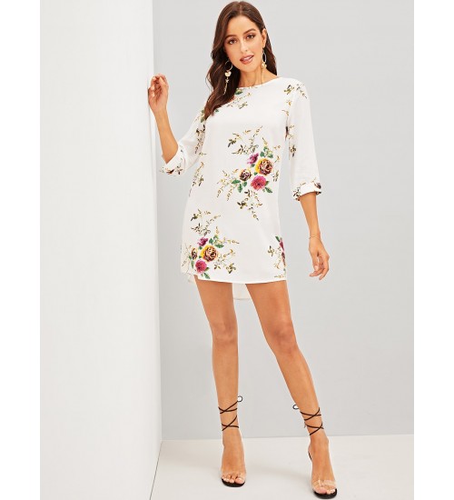 Slit Cuff Floral Tunic Dress