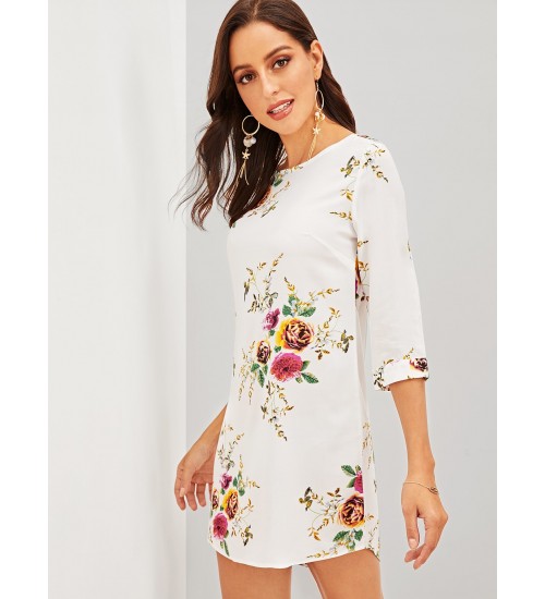 Slit Cuff Floral Tunic Dress