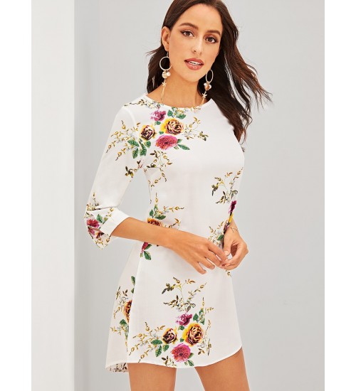 Slit Cuff Floral Tunic Dress