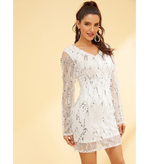 Long Sleeve V-Neck Sequins Dress