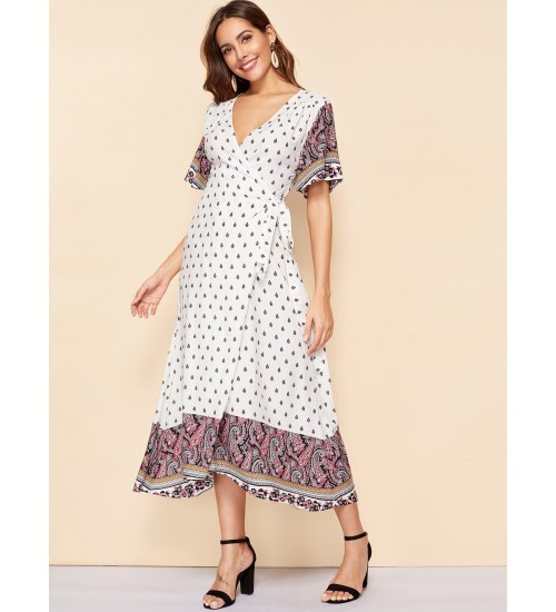 Paisley Print Surplice Wrap Dress