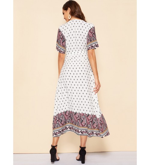 Paisley Print Surplice Wrap Dress