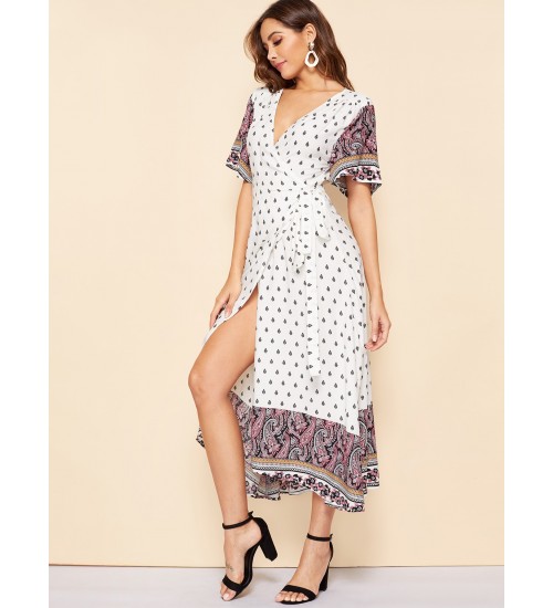 Paisley Print Surplice Wrap Dress