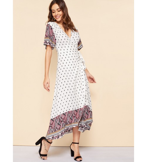 Paisley Print Surplice Wrap Dress