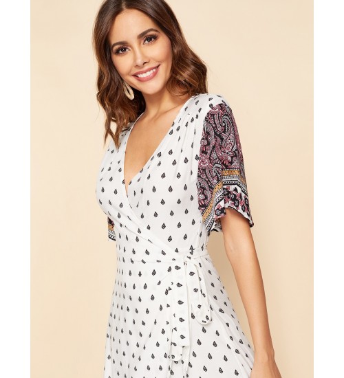 Paisley Print Surplice Wrap Dress