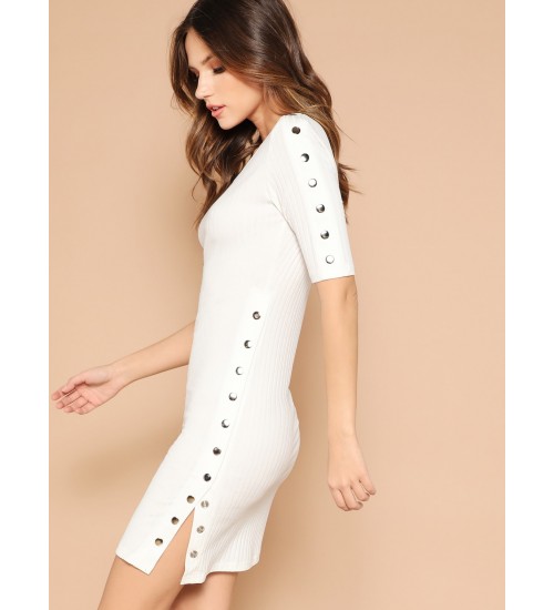 Press Button Detail Rib-knit Fitted Dress