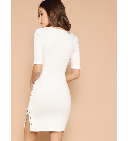 Press Button Detail Rib-knit Fitted Dress