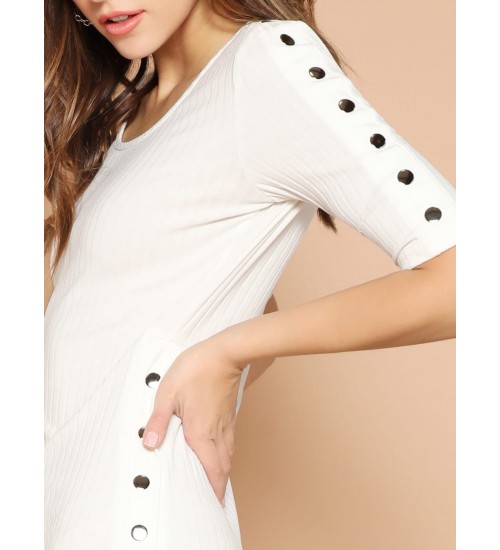 Press Button Detail Rib-knit Fitted Dress