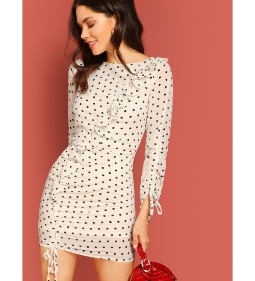 Ruffle Trim Polka Dot Shirred Sleeve Mini Dress