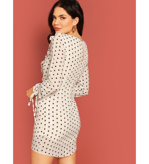 Ruffle Trim Polka Dot Shirred Sleeve Mini Dress