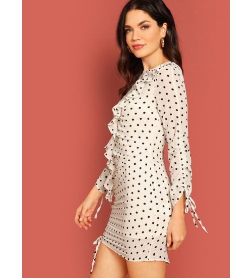 Ruffle Trim Polka Dot Shirred Sleeve Mini Dress