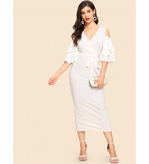 Open Shoulder Tiered Sleeve Surplice Dress