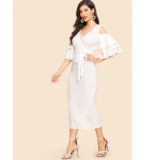 Open Shoulder Tiered Sleeve Surplice Dress