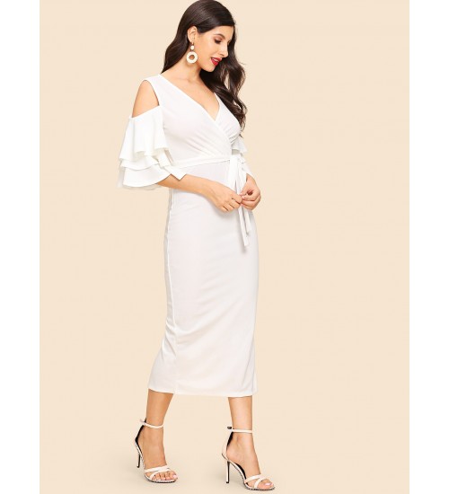 Open Shoulder Tiered Sleeve Surplice Dress