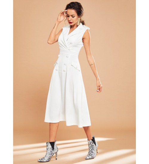 Pocket Front Double Breasted Notched Neck Dress