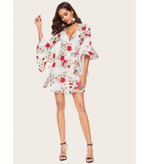 Flounce Sleeve Floral Print Dress