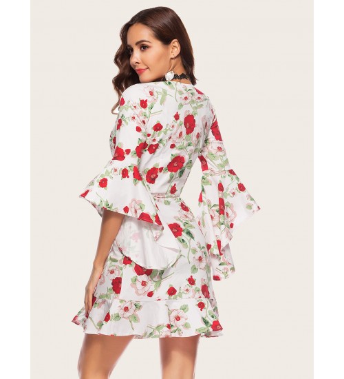 Flounce Sleeve Floral Print Dress