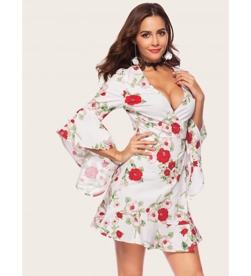 Flounce Sleeve Floral Print Dress