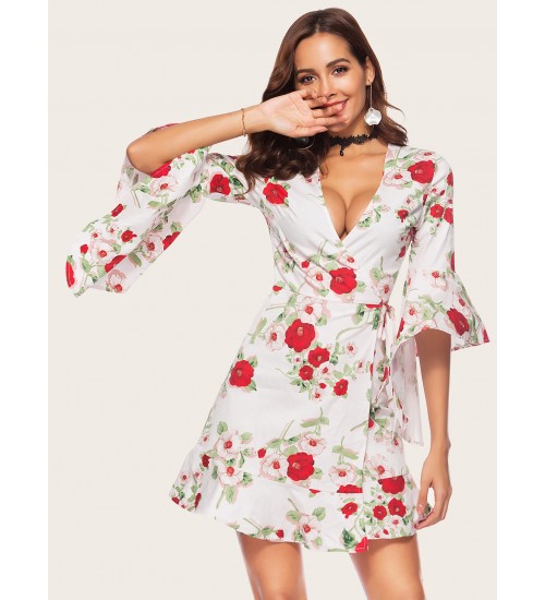 Flounce Sleeve Floral Print Dress