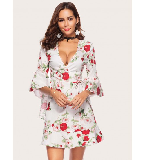 Flounce Sleeve Floral Print Dress