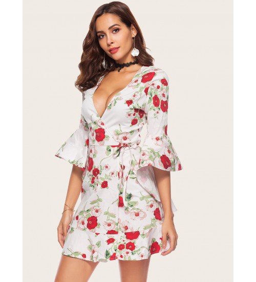 Flounce Sleeve Floral Print Dress