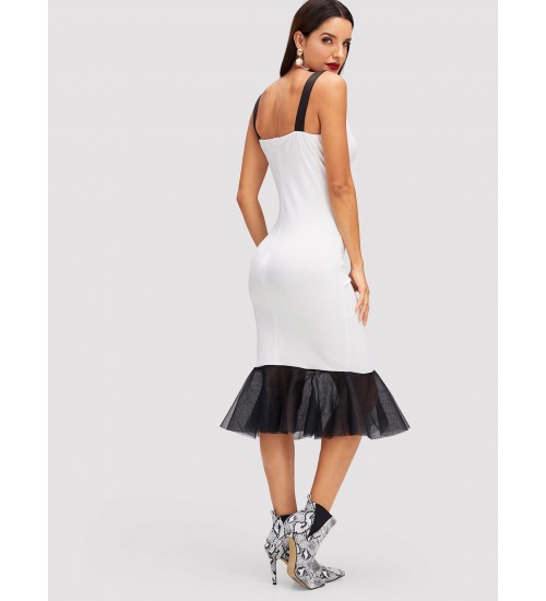 Contrast Strap and Mesh Hem Dress