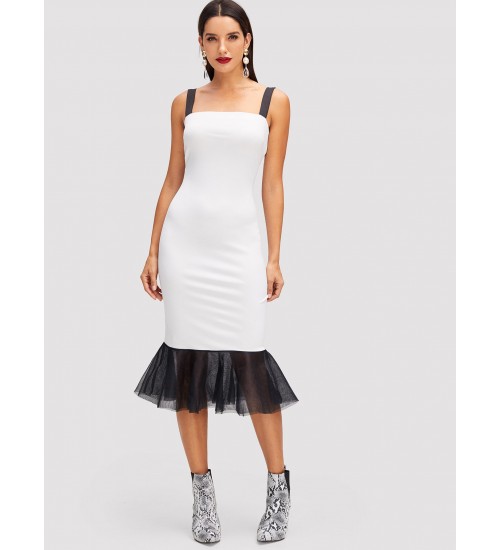 Contrast Strap and Mesh Hem Dress