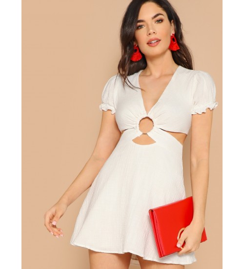 Ring Detail Waist Cut Out V-Neck Mini Skater Dress