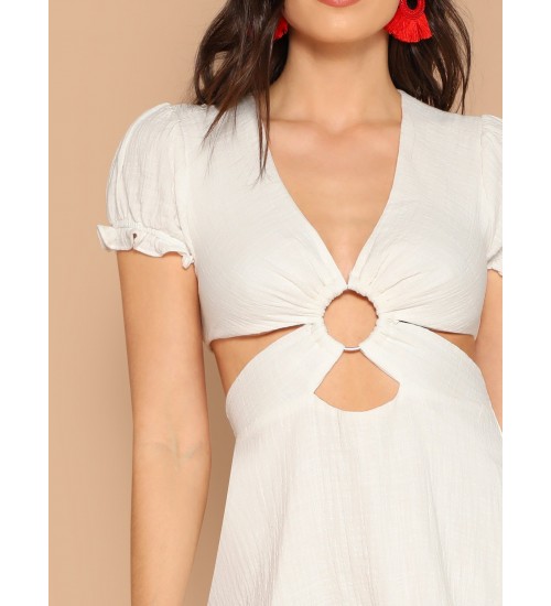 Ring Detail Waist Cut Out V-Neck Mini Skater Dress