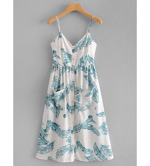 Tropical Print Button Through Shirred Cami Dress