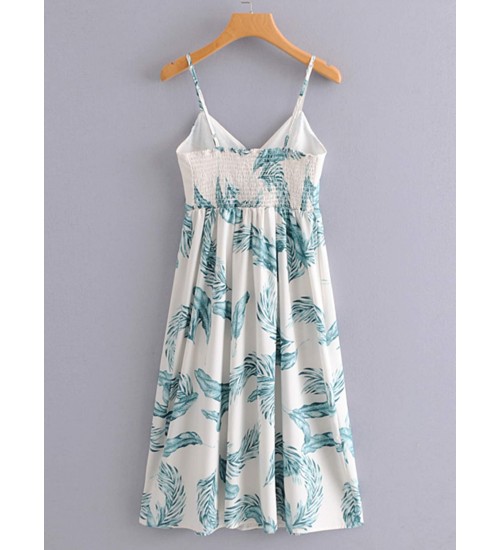 Tropical Print Button Through Shirred Cami Dress