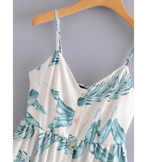 Tropical Print Button Through Shirred Cami Dress