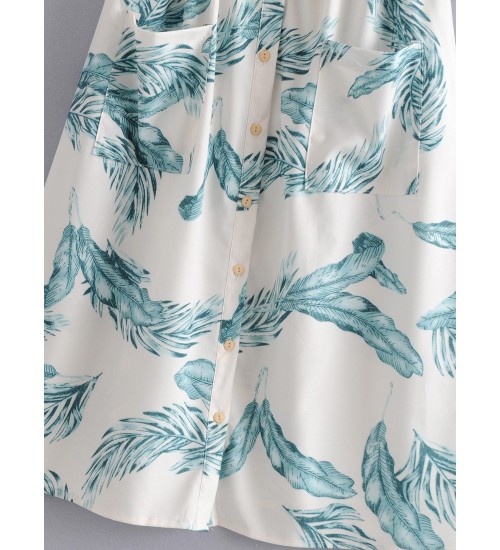 Tropical Print Button Through Shirred Cami Dress