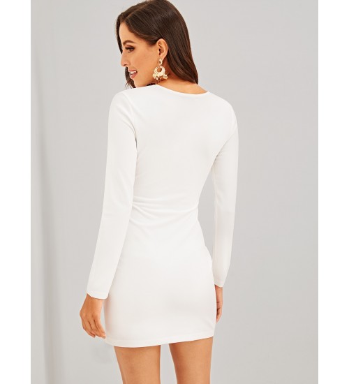 Buttoned Asymmetric V-neck Bodycon Dress