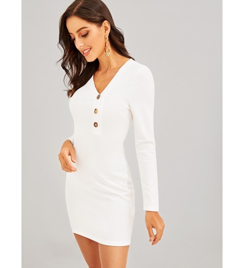 Buttoned Asymmetric V-neck Bodycon Dress