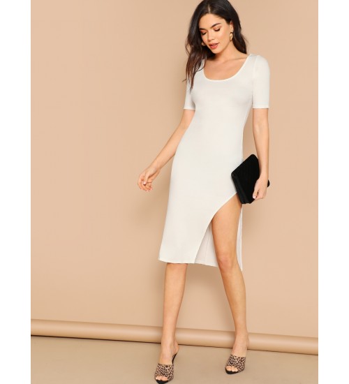 Scoop Neck Side Slit Rib Knit Midi Bodycon Dress