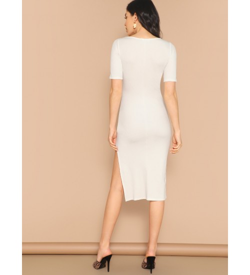 Scoop Neck Side Slit Rib Knit Midi Bodycon Dress