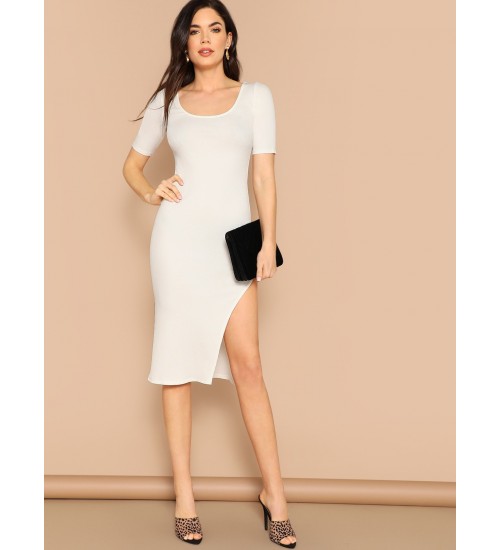 Scoop Neck Side Slit Rib Knit Midi Bodycon Dress