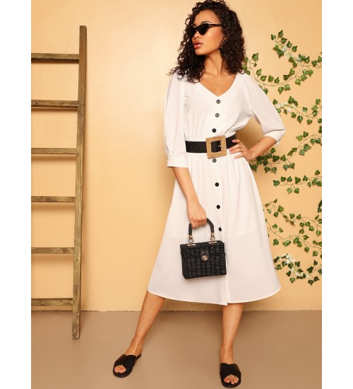 Sleeve Self Belted Shirt Dress