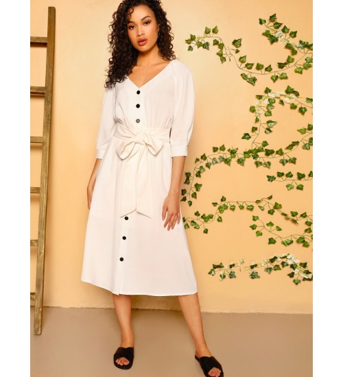 Sleeve Self Belted Shirt Dress